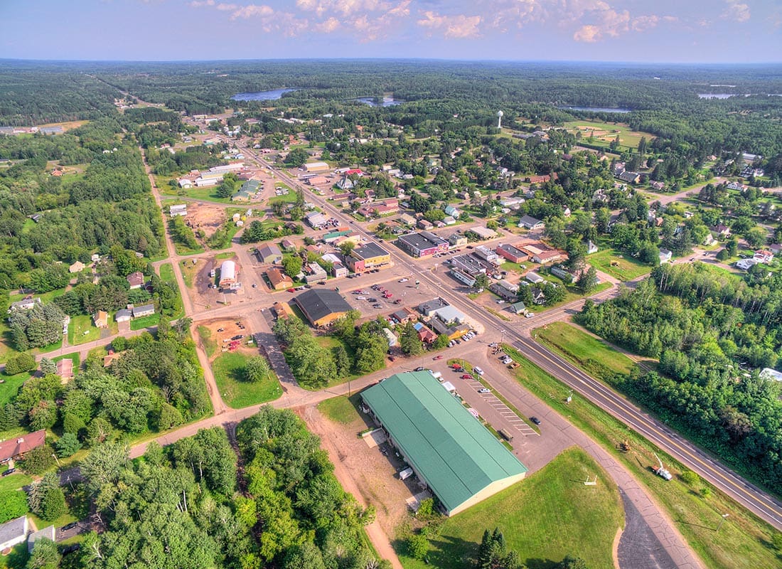Traer, IA - Aerial View of a Small Town With Buildings and Roads
